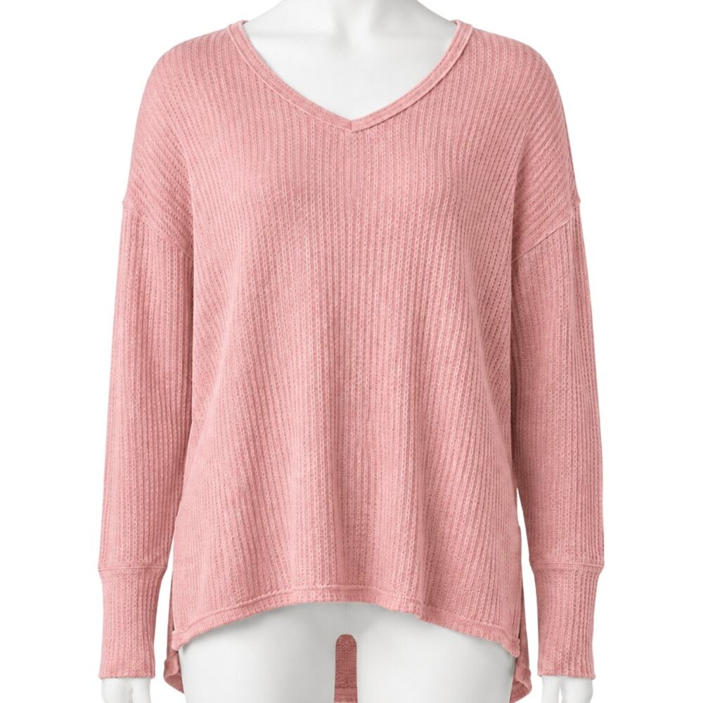 Vintage America Top Size M Pink Waffle Knit V Neck Long Sleeve Preppy Coquette